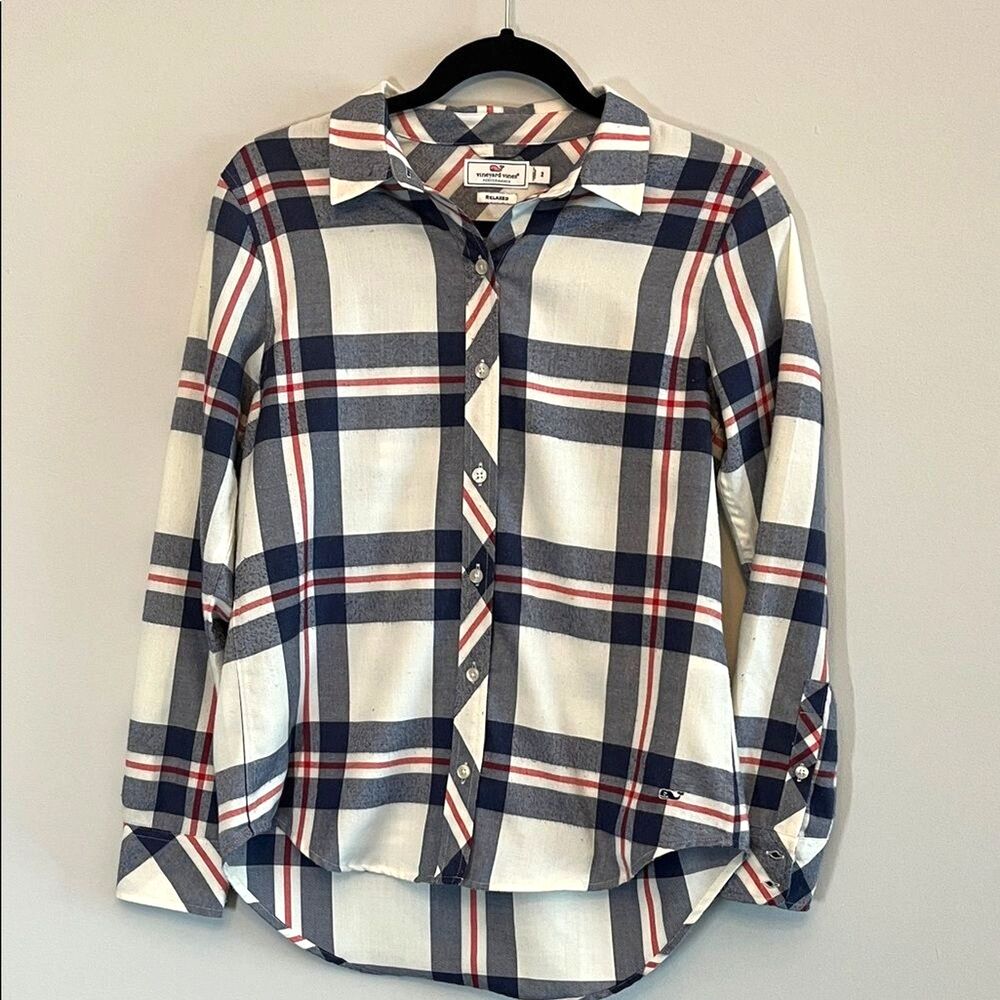 Vineyard Vines Womens Plaid Button Down Shirt Navy Red Cream Long Sleeve Size 2